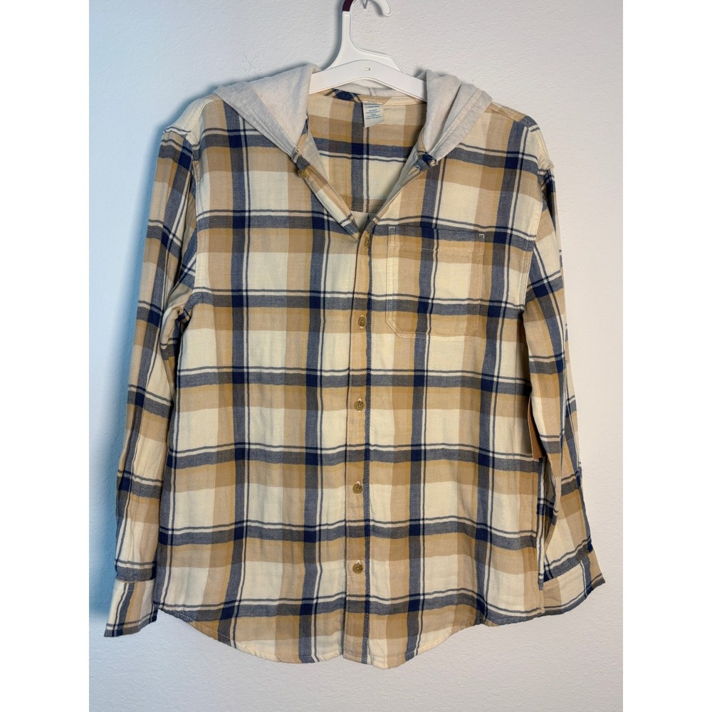 Thereabouts Boys Hooded Flannel Shirt Plaid Tan Navy Blue Large 14H/16H NWT